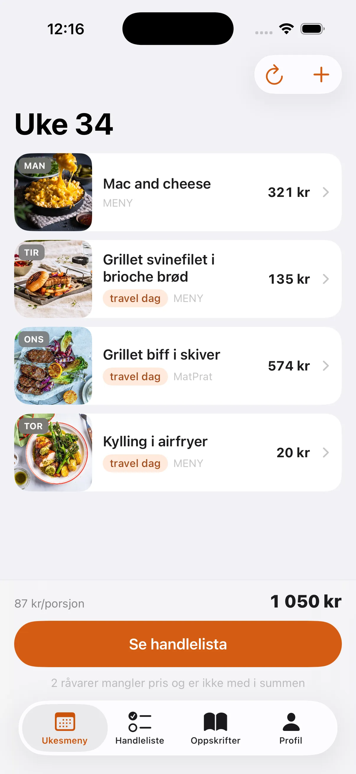 Ukesmenyen i appen