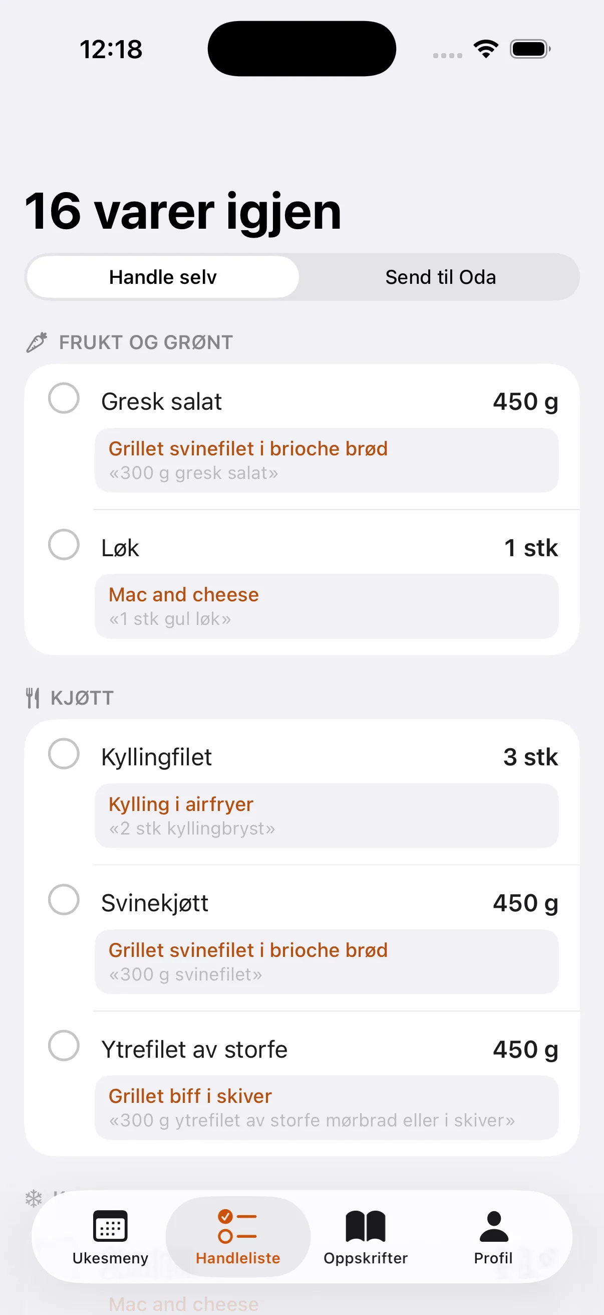 Handleliste gruppert etter butikkseksjoner