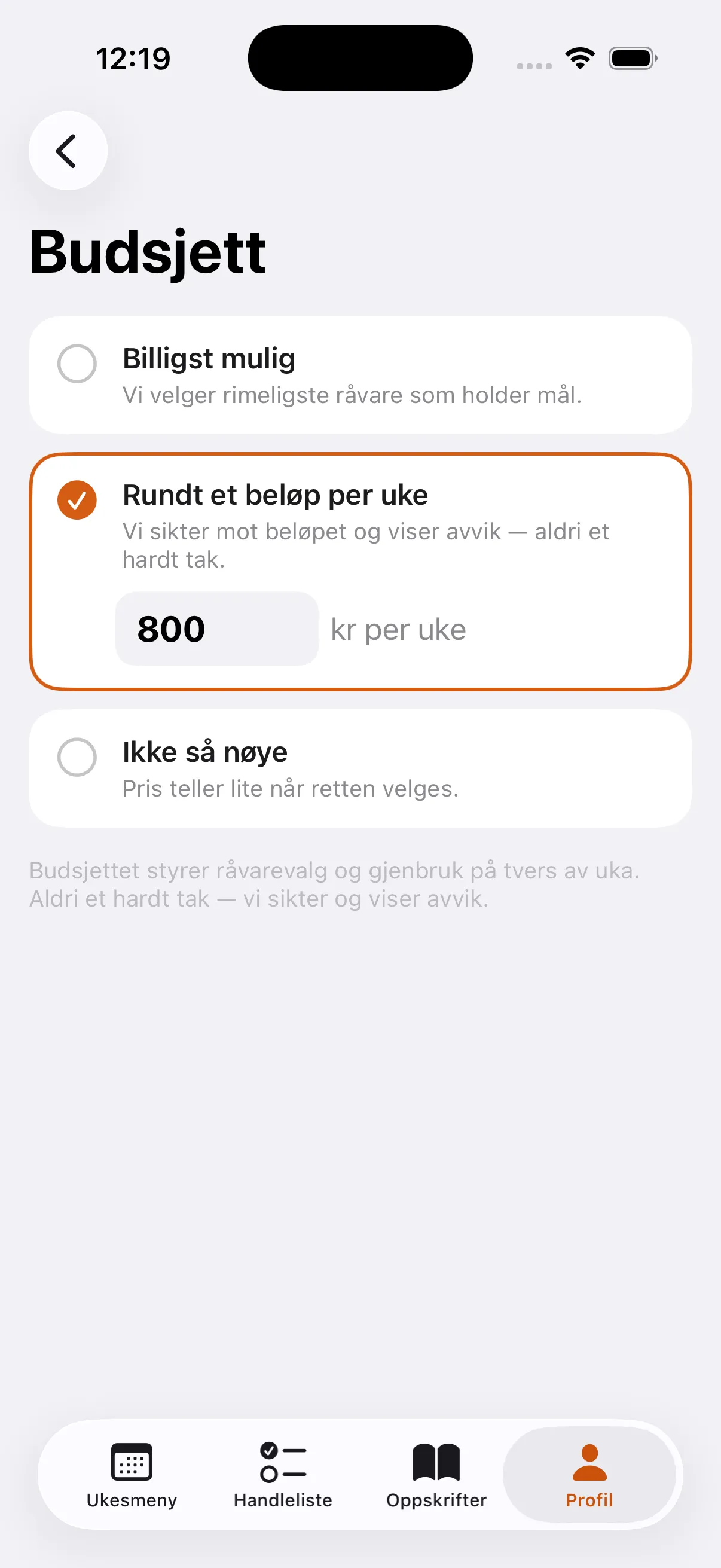 Budsjettvalg i appen