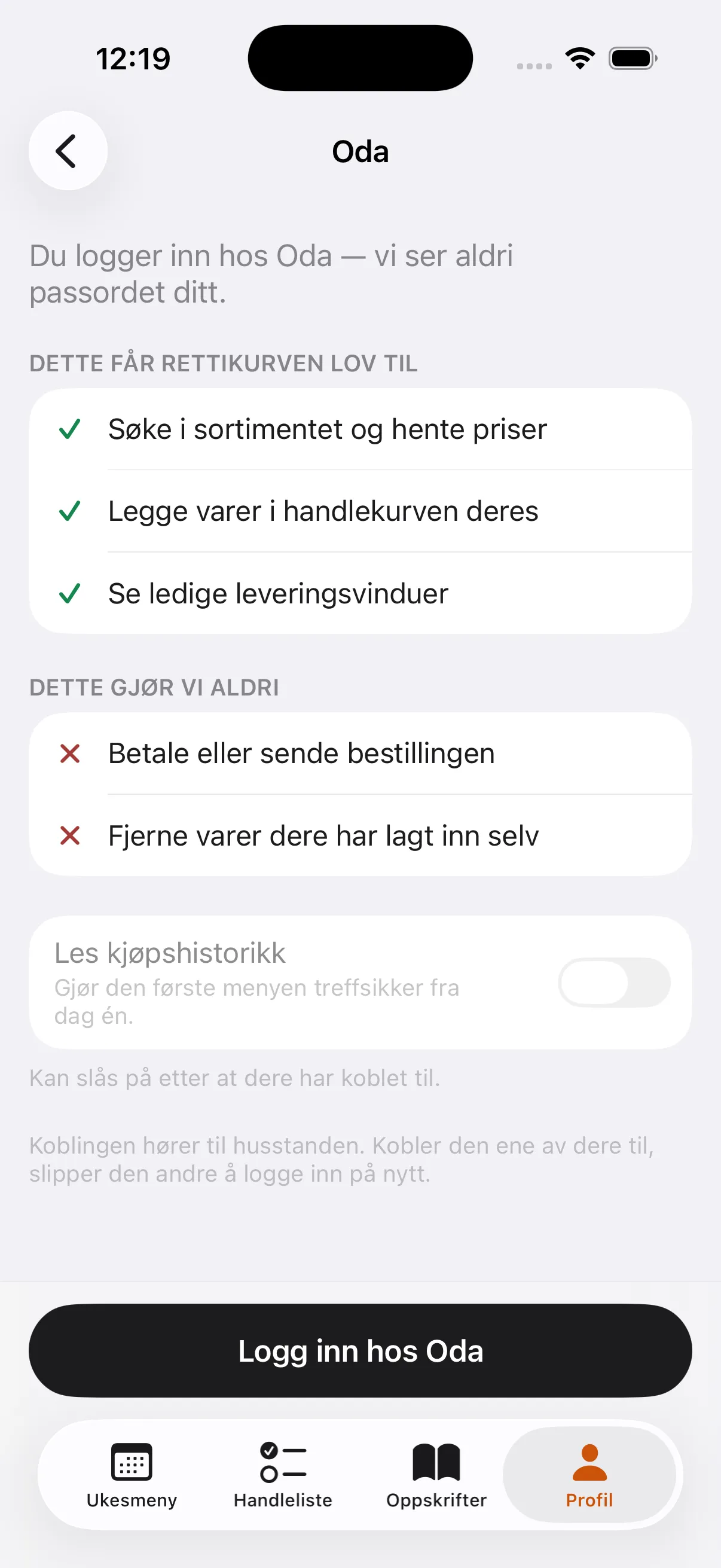 Oda-koblingen med tydelige tillatelser